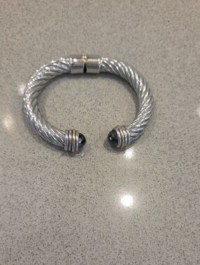 Silver-Tone Twisted Cable Open Cuff Bracelet with Black Endstones